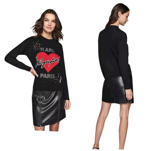 Karl Lagerfeld Paris Petite Medium Beaded Heart Logo Sweater Top Black PM